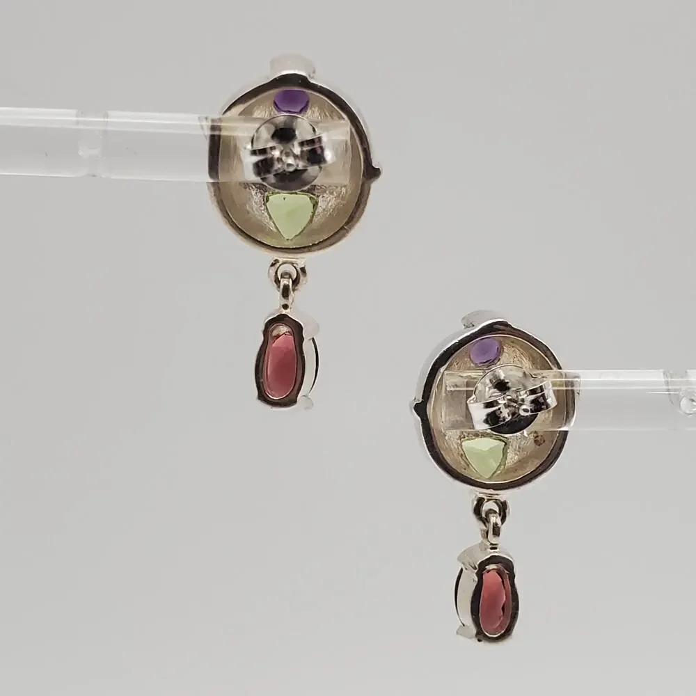 Vintage 925 Sterling Silver Multistone Post Earrings Amethyst Peridot Garnet - Picture 3 of 6